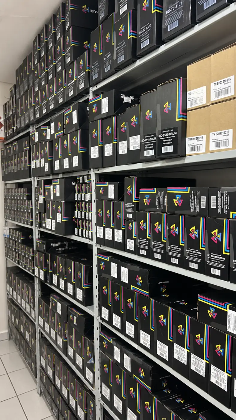 Prateleiras com grande variedade de cartuchos de toner em estoque